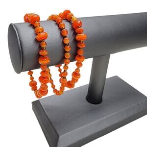 3pc Orange Swirl Art Glass Beaded Stretch Bracelet Stack Set Boho Artisan